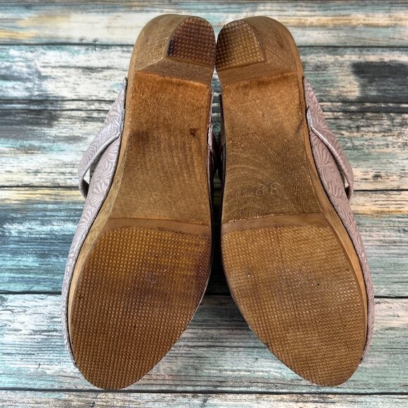 Sanita Clog Sz 6.5-7 Metallic Beige Floral Embossed Leather Mule Dress Shoes - Picture 6 of 13